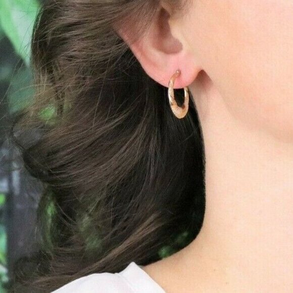 10k Yellow Gold Textured Earrings Hoop Earrings - Picture 2 of 6